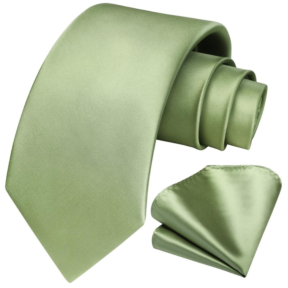 3155 Sage Green Ties Classic Solid Color Tie and Pocket Square Elegant Silk